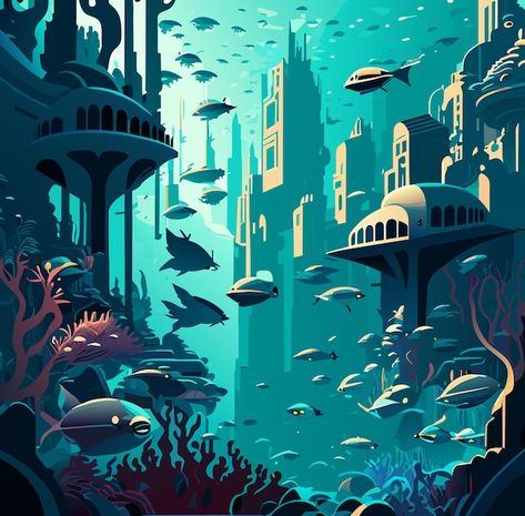 The aquatic utopia advanced civilization... | Premium Vector #Freepik #vector #underwater-city #aquatic-marvels #submerged-metropolis #marine-civilization Futuristic Underwater City Concept Art, Underwater City Drawing, Underwater City Fantasy Art, Underwater Civilization, Alien Ocean, Arch Painting, Underwater Vector, Advanced Civilization, Galaxy Quest