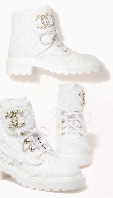 Luxury White Ankle Boots, White Chanel Boots, White Chanel Shoes, Chanel Winter Boots, Channel Boots, Expensive Heels, White Fur Boots, Chanel Wedges, Channel Shoes