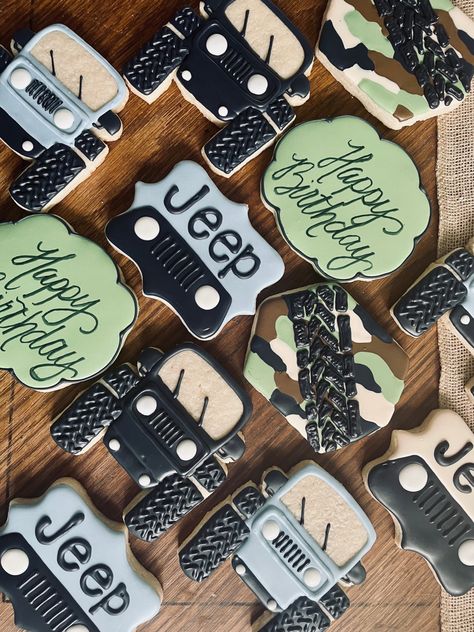 Jeep 1st Birthday Party, Jeep 2nd Birthday Party, Off Road Party Theme, Jeep Party Ideas, Jeep Birthday Party Ideas, Jeep Cookies, Jeep Birthday Party, Jeep Birthday, 4th Birthday Party For Boys