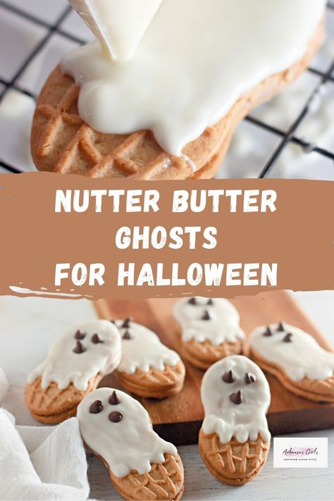 Looking for a spooky and delicious Halloween treat? Look no further than these Nutter Butter ghost cookies! These cute and easy-to-make treats are perfect for any Halloween party or gathering. Simply dip Nutter Butter cookies in white chocolate, add some spooky eyes and a mouth, and you've got a deliciously creepy snack that's sure to please. So why wait? Give these Nutter Butter ghost cookies a try and get into the Halloween spirit today! Treats For Halloween, Halloween Rice Krispie Treats, Delicious Halloween Treats, Mummy Recipes, Halloween Punch, White Chocolate Candy, Spooky Eyes, Nutter Butter Cookies, Fun Halloween Food