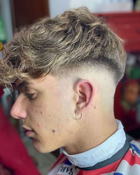 Drop Fade Blonde Hair, Mid Skin Fade Fluffy Fringe, Messy Crop Haircut Men, Low Mid Fade, Blonde Hair Fade, Haircuts Curly, Short Fade Haircut, Drop Fade Haircut, Mens Haircuts Short Hair