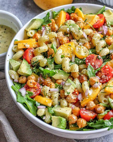 Arugula and Peach Pasta Salad Peach Pasta Salad, Cavatappi Pasta, Arugula Pasta, Vegan Peach, Vegan Pasta Salad, Sweet Paprika, Peach Salad, Easy Pasta Salad, Yummy Salad Recipes