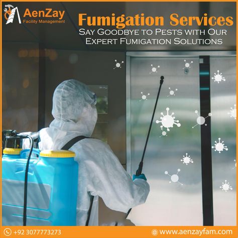 Call us 0307-7773273 Avail Fumigation Services by @aenzayfm_official Say Goodbye yo pests and breathe easily in germs free space. Our expert team ensures thorough fumigation yo eliminate all unwanted guests. Trust us to provide a clean and healthy environment for you and your loved ones. 📞 0307-7773273 🌎 www.aenzayfam.com 📤 info@aenzayfam.com #aenzayfacilitymanagement #aenzayinteriors #fumigation #fumigationservices #fumigationexperts #pestcontrol #pestcontrolservice #pest #cleaning Fumigation Services, Deep Cleaning Services, Facility Management, Pest Control Services, Clean Office, Healthy Environment, Free Space, Repair And Maintenance, Pest Control