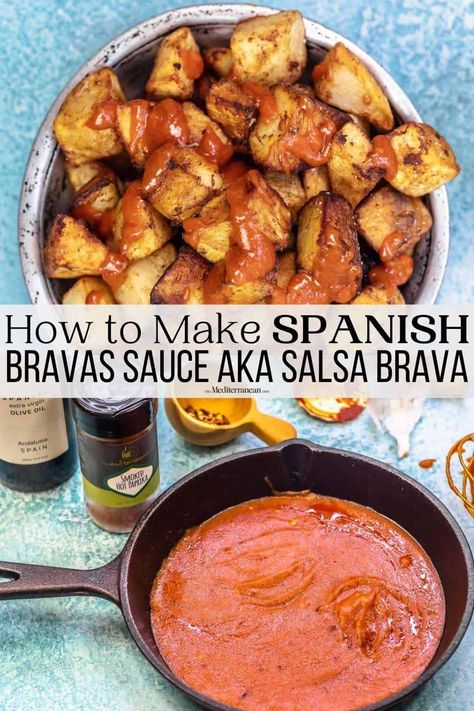 Bravas sauce (salsa brava) is easy to make with a few simple pantry ingredients like extra virgin olive oil, smoked paprika, and tomato paste! Perfect for drizzling atop hot fried potatoes to make delicious patatas bravas. Patatas Bravas Sauce, Potato Bravas, Bravas Sauce, Crispy Fried Potatoes, Potato Sauce, Spanish Potatoes, Spanish Tapas Recipes, Salsa Brava, Paprika Sauce