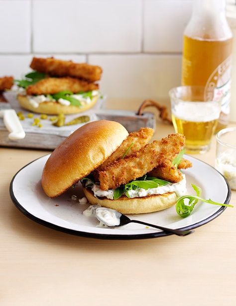 Posh fish finger sandwich    Nothing beats a fish finger sandwich. We've added homemade tartare sauce, brioche buns and peppery rocket to posh this version up Fish Sandwich Recipes, Finger Sandwich, Tartare Sauce, Soup Bar, High Tea Food, Fish Fingers, Croissant Sandwich, Fish Burger, Easy Sandwich Recipes