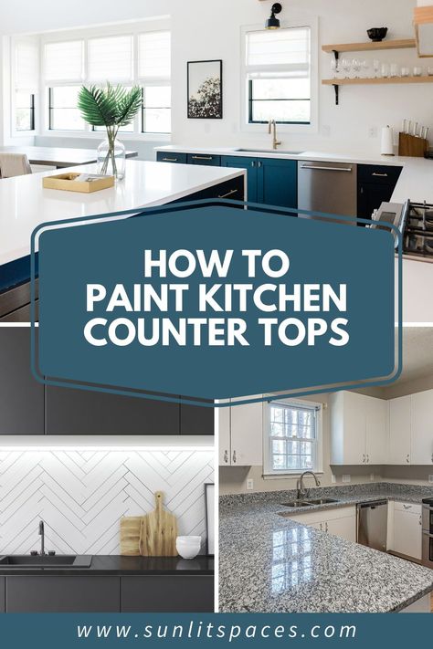 Did you know you can do your own painted countertops DIY? Here is a step-by-step on how to paint countertops. There are a few different methods and products you can use to accomplish the same thing.  I have even seen it done with a paper towel and multiple colors to make it look like granite! Refresh your kitchen with this painting hack! Painted Countertop Ideas, Counter Paint Diy, Diy Painted Kitchen Countertops, How To Paint A Countertop, How To Paint Countertops Kitchen, Laminate Countertop Paint, Painting Laminate Countertops With Chalk Paint, How To Paint Laminate Countertops Diy Kitchen Counters, Painting Countertops Laminate