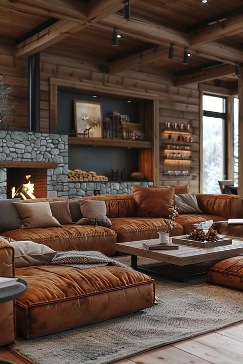 19 Unique Earthy Living Room Ideas for a Cozy Home Makeover 27 Earthy Lounge Room Ideas, Industrial Earthy Living Room, Lodge Look Living Room, Rustic Sofa Living Room, Vintage Cabin Living Room, Afrohemian Living Room, Rustic Home Design Living Room, Fireplace Makeover Rustic, Log Cabin Living Room Furniture