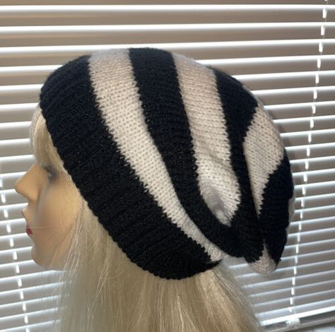 Hand Knitted Slouch Hat Beanie Black White Stripe Goth Punk Women Men | eBay Goth Beanie, Knitted Slouch Hat, Punk Women, Beanie Black, Slouch Beanie, Slouch Hat, Hat Knitting, Hat Beanie, Diy Sewing Clothes