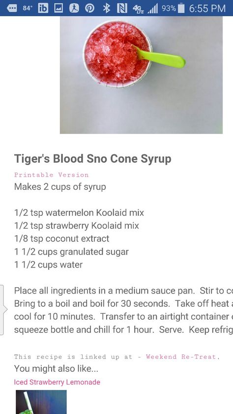 Tigers Blood Syrup Recipe, Snow Cone Cream Topping Recipe, Snowcone Syrup Recipe, Snowcone Recipes, Diy Snow Cone Syrup, Sno Cone Syrup Recipe, Homemade Snow Cone Syrup, Diy Snow Cone, Snow Cone Flavors