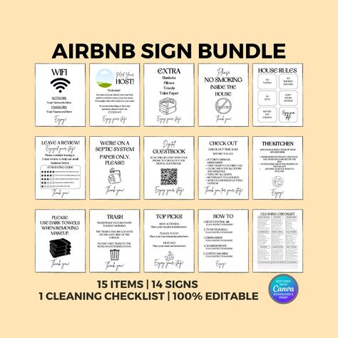 Airbnb Sign Bundle Templates Airbnb Sign Templates Editable Canva Airbnb Signs Welcome Signs Airbnb Cleaning Checklist VRBO WIFI - Etsy Airbnb Signs For Guests, Airbnb Inventory Checklist, Airbnb Rules For Guests, Breakfast Hosting, Airbnb Printables, Decorate Airbnb, Airbnb Cleaning Checklist, Airbnb Checklist, Bnb Ideas