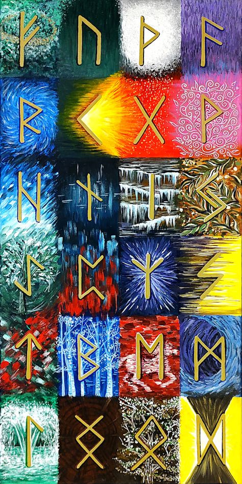 Elder Futhark, Runes, Original Painting, Artwork, Wall Art, Educational, Ancient Mysteries, Nordic, Magic, Witch, Divination Laguz Rune Art, Fehu Rune Symbol Wallpaper, Runes Aesthetic, Patchwork Painting, Shamanic Art, Abstract Tile, Rune Symbols, Elder Futhark Runes, Rune Stones