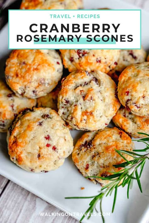 Using dried cranberries and fresh rosemary, you can bring the traditional cranberry scone to life this homemade herb-filled recipe. No lemon or orange needed when you are combining two great Thanksgiving flavors into one savory pastry. You can use buttermilk, but we prefer a quick milk and sour cream to get that sour into the scone recipe. Whether you serve it as dessert, an appetizer or with breakfast, this cranberry recipe is sure to please your guests. #cranberryscones #sconerecipe Rosemary Scones Savory, Herb Scones Recipe, Rosemary Scones Recipe, Desserts With Herbs, Fresh Cranberry Recipes Savory, Recipes With Fresh Rosemary, Savory Cranberry Recipes, Savoury Scones Recipe, Fresh Rosemary Uses