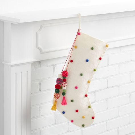 White Polka Dot Felted Wool Christmas Stocking - World Market White Christmas Stockings, Stocking Tree, Boho Christmas, Whimsical Christmas, Yarn Ball, Hand Felted, Ornament Crafts, Felted Wool, Holiday Diy