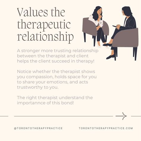 We know that finding a good therapist that’s right for you is important, but what makes a good therapist? Good therapists carry the above traits and make sure to make you comfortable. Being able to trust and share with your therapist is one of the most important parts of therapy. Look for the above traits in any of the therapists at Toronto Therapy Practice and we’re sure you’ll find them!! Check out our website for a first free consultation to see if we’re right for you!!! https://... Therapist Aesthetic, Good Therapist, Therapy Practice, Licensed Therapist, Emotional Rollercoaster, You Are Important, Free Consultation, Psychology, Toronto