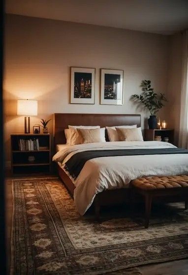 Dark Bedding White Walls, Black Brown Room Aesthetic, Mens Neutral Bedroom, Black Brown Bedroom Ideas, Bedroom Walnut Furniture, Cozy Masculine Bedroom, Bedroom Inspirations Dark Furniture, Cozy Mens Bedroom, Small Masculine Bedroom