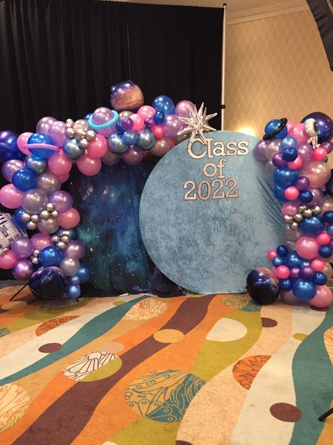 Kindergarten Graduation Space Theme, The Sky Is The Limit Graduation Theme, Galaxy Graduation Party, Out Of This World Graduation Theme, Space Theme Graduation Party, Outer Space Prom Theme, Space Graduation Theme, Space Prom Theme, Camp Photo Booth