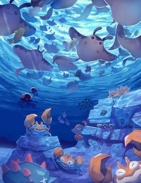 Under The Ocean Illustration, Water Pokemon Art, Pokemon Backgrounds Desktop, Water Pokemon Wallpaper, Imaginarium Aesthetic, Pokemon Laptop Wallpaper, Drawing Friendship, Evoluzioni Eevee, Pokémon Artwork