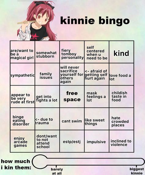 Kinnie Bingo Madoka Magica, Homura Kinnie Bingo, Madoka Kinnie Bingo, Mitsuri Kinnie Bingo, Madoka Magica Kinnie Bingo, Kin Bingo, Madoka Magica Sayaka, Fun Templates, Kyoko Sakura