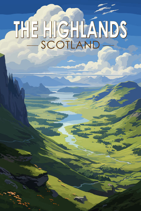 Artistic retro-style poster of the Scottish Highlands, showcasing the serene landscapes and vibrant colors typical of vintage travel art. Scotland Poster Vintage, Vintage Travel Posters Scotland, Easdale Island, Scotland Illustration, Retro Art Style, Scotland Poster, Scotland Art, Travel Poster Design, Tourism Poster