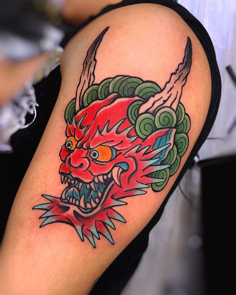 Hanya Mask Tattoo Traditional, Oni Mask Tattoo Color, Traditional Tattoo Reference, Traditional Japanese Tattoo Flash, Traditional Tattoo Stencils, Ireland Tattoo, Oni Mask Tattoo, Oni Tattoo, Traditional Black Tattoo