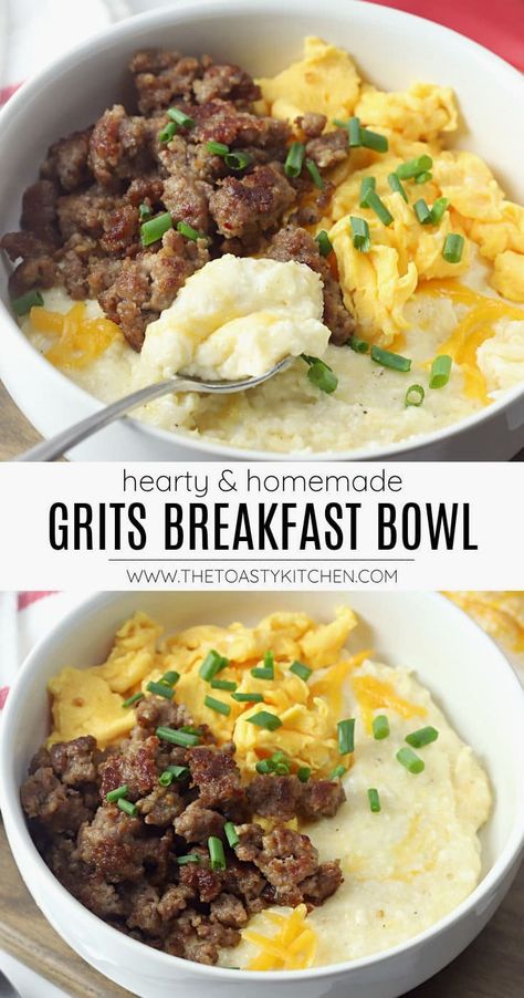 Grits Breakfast Bowl recipe - by The Toasty Kitchen Make a hearty grits breakfast bowl to fill you up and start your day right. Creamy, cheesy grits are topped with crumbled sausage and scrambled eggs. The perfect comfort food breakfast! #grits #breakfast #breakfastbowl #homemade #hearty #filling #cheesygrits Rainbow Lasagna, Grits Bowl, Homemade Grits, Breakfast Grits, Creamy Cheesy Grits, Grits And Eggs, Grits Breakfast, Instant Grits, Cottage Cheese Breakfast