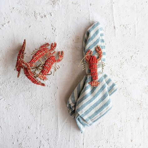 Metal Lobster Napkin Rings with Glass Beads - 4.8"L x 2.8"W x 2.3"H - Bed Bath & Beyond - 40202746 Coastal Tablescapes, Beaded Lobster, Magical Ocean, Vintage Napkin Rings, Metal Napkin Rings, Newport Wedding, Coastal Aesthetic, Natural Kitchen, Red Lobster