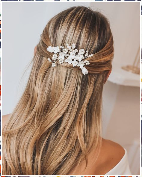 Winter Wedding Updo Bridal Hair - Want more information and details? Click to visit for more ideas. Straight Bridal Hairstyles, Straight Wedding Hair, Bridal Hair Half Up, Pearl Bridal Comb, Bridal Hair Down, Pearl Comb, Winter Wedding Hair, Bridal Hair Updo, Crystal Hair Comb