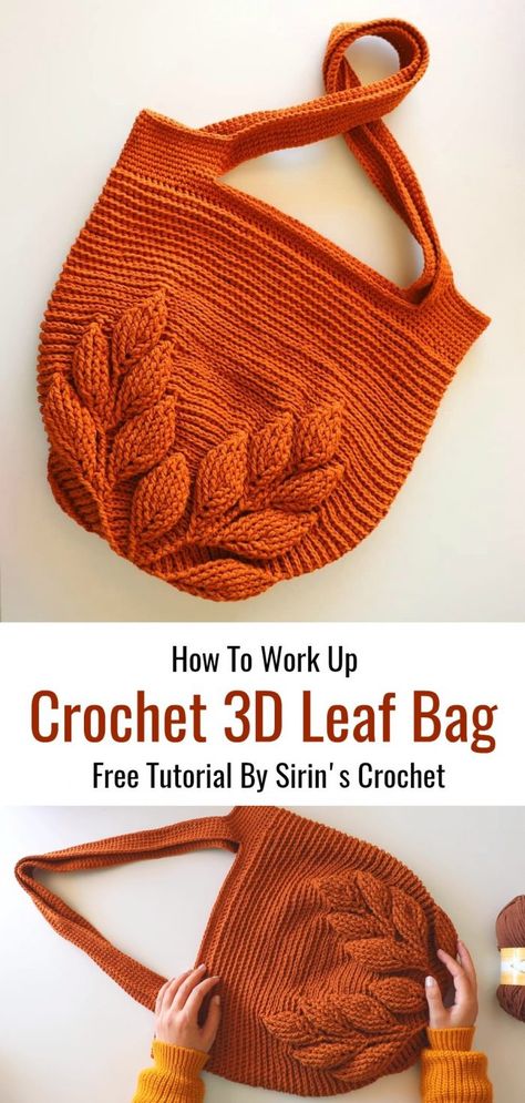 How To Crochet 3D Leaf Bag Leaf Bag, Free Crochet Bag, Crochet Bag Tutorials, Diy Yarn Crafts, Crochet Market Bag, Crochet Leaves, Crochet Handbags Patterns, Bag Tutorial, Handbag Pattern