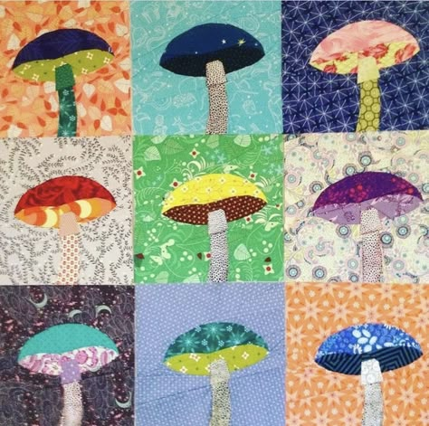 Mushroom Sewing Projects, Mushroom Quilt Block, Mushroom Quilt Pattern, Mushroom Applique Pattern, Mushroom Pattern Sewing, Mushroom Quilts, Mushroom Applique, Mushroom Quilt, Mushroom Ideas