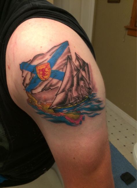 Nova Scotia Flag and ship. Done by Danny at Krayons to Kaos New Glasgow. Scottish Sleeve Tattoos For Guys, Nova Scotia Tattoo Ideas, Scottish Heritage Tattoo, Nova Scotia Tattoo, Scotland Forever Tattoo, Scotland Flag Tattoo, Celtic Tattoo, Forearm Tattoos, Nova Scotia