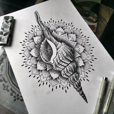 Mandala Beach Tattoo, Tattoo Shell, Shell Mandala, Seashell Tattoo, Seashell Tattoos, Shell Tattoos, Sea Tattoo, Ocean Tattoos, Geniale Tattoos