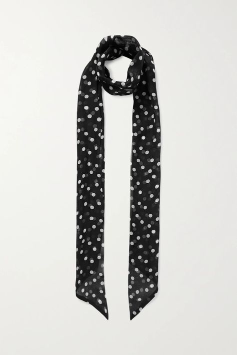 SAINT  LAURENT Polka-dot silk-chiffon scarf Saint Laurent Shirt, Saint Laurent Jeans, Hair Tie Accessories, Silk Chiffon Scarves, Polka Dot Scarf, A Ponytail, Chiffon Scarf, White Silk, Black Polka Dot