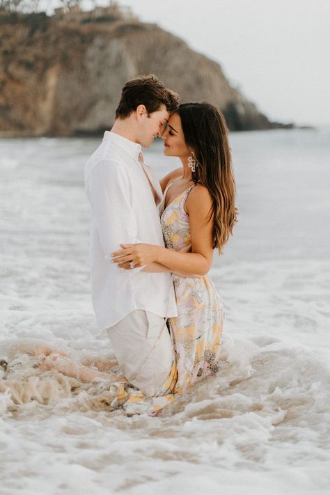 couples shoot in the ocean Beach Couple Shoot Romantic, Romantic Beach Photoshoot Couple, Beach Prenup Photoshoot Ideas, Preshoot Ideas Photo Shoot, Engagement Pictures Beach, Couples Beach Photography, Couple Beach Pictures, Wedding Fotos, Couple Beach Photos