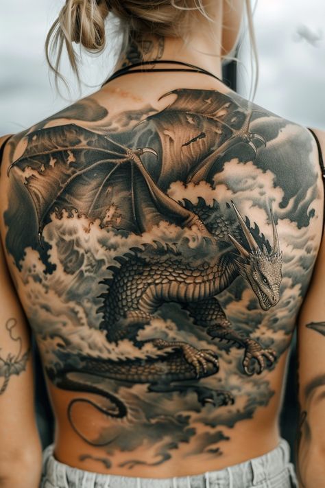 Dragon Tattoo Realistic, Rabe Tattoo, Dragon Tattoo Ideas, Upper Back Tattoos, Back Piece Tattoo, Dragon Sleeve Tattoos, Dragon Tattoo For Women, Shiva Tattoo Design, Dragon Tattoos