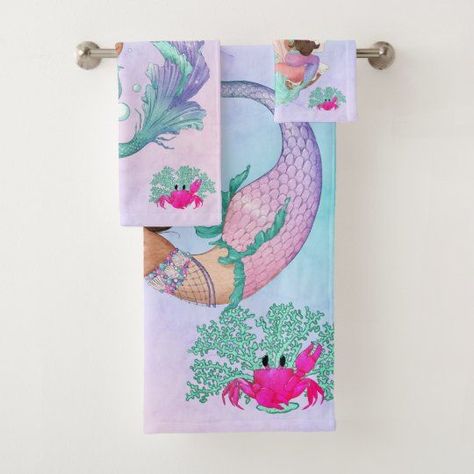 Mermaid Cute Blue Pink Starfish Personal Bath Towel Set Personal Bathroom, Mermaid Towel, Pink Starfish, Underwater Creatures, Custom Towel, Mermaid Theme, Childrens Room Decor, Towels Design, Bath Towel Sets