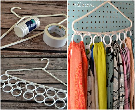 Make a Scarf Organizer Hip2Save Diy Scarf Hanger, Storing Scarves, Organize Scarves, Scarf Organizer, Diy Clothes Hangers, Hanging Scarves, Scarf Storage, Scarf Organization, Scarf Holder