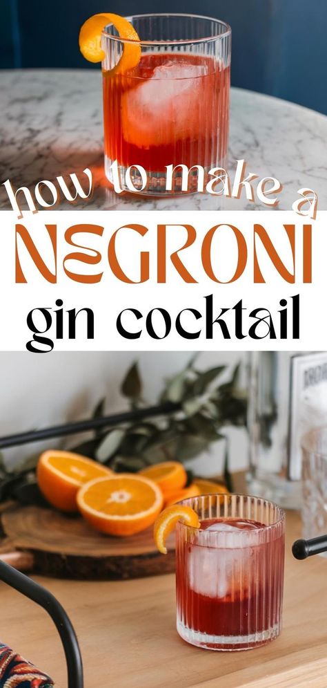 A well-styled bar cart displays a lowball glass filled with a classic negroni, emphasizing the ingredients used in this elegant drink. Cocktail With Gin, Negroni Recipe, Best Mixed Drinks, Negroni Cocktail, Italian Drinks, Sweet Vermouth, Gin Drinks, Gin Cocktail, Orange Twist