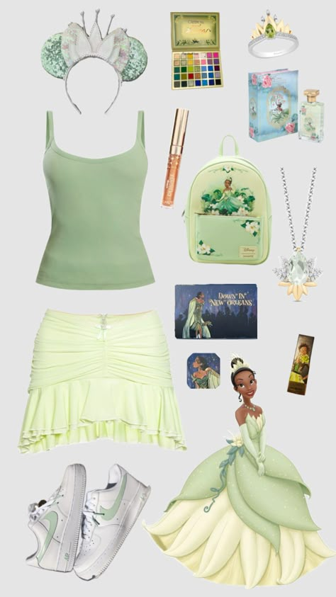 Tiana Disneybounding #disney #tiana #disneybound #tianadisneybounding #outfitinspo Trip Costumes, Princess And The Frog Outfits, Tiana Disneybound, Disney Bonding, Halloween Costumes With Friends, Modern Disney Outfits, Im Going To Disney, Disney Princesses Modern, Cute Disney Fits