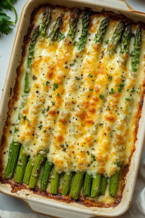 Cheesy Baked Asparagus Cheesy Asparagus Casserole Keto, Low Carb Asparagus Casserole, Easy Side Dishes For Two, Dinner Side Vegetable, Cheesy Garlic Roasted Asparagus, Pan Seared Asparagus With Cashews, Good Asparagus Recipes, Turkey And Asparagus Recipes, Veggie Side Ideas