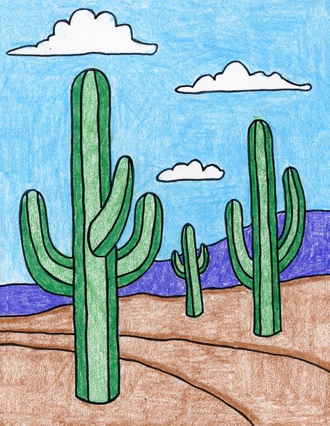 Learn how to draw cactus, and then turn them into a lesson on perspective as well. You’ll end up with a lovely desert landscape. Drawing Cactus, Desert Drawing, Cactus Drawing, Art Projects For Kids, 3rd Grade Art, Kids Art Class, Easy Drawings For Kids, Cactus Art, Children's Art