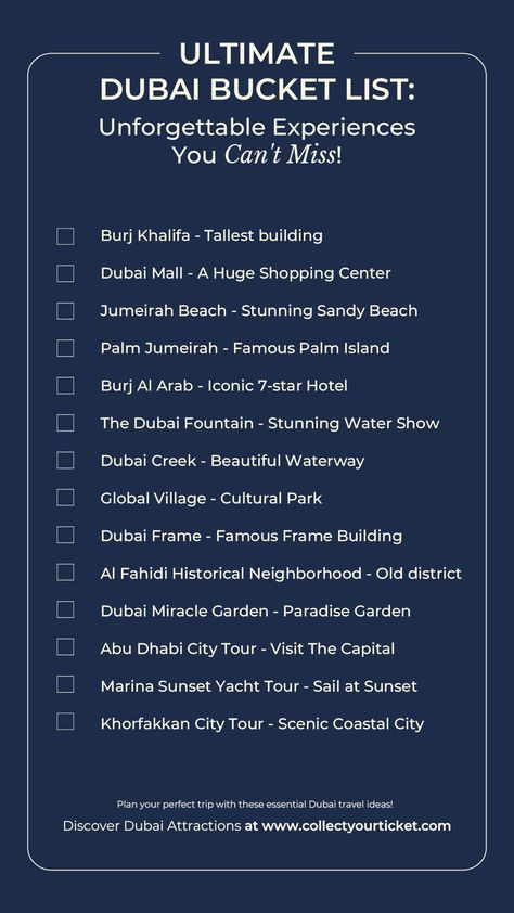 CollectYourTicket Must Do In Dubai, Things To Do In Dubai Bucket Lists, Dubai Checklist, Dubai Adventure, Dubai Tickets, Dubai Things To Do, Dubai Frame, Dubai Attractions, Dubai Travel Guide