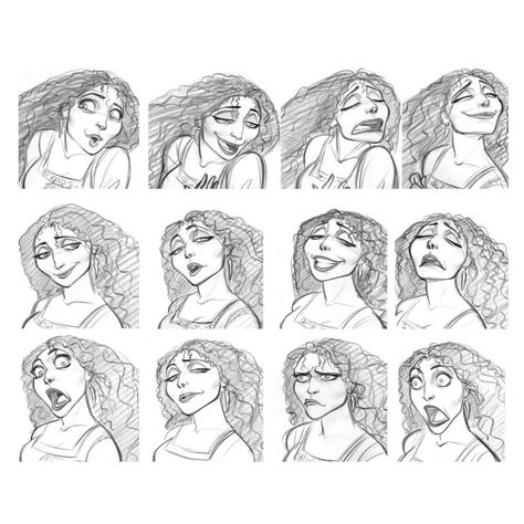 Disney Expressions, Tangled Concept Art, Pixar Concept Art, Comic Sketch, Mother Gothel, Expression Sheet, Character Design Cartoon, Jin Kim, 얼굴 그리기