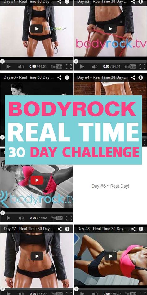 You have to do this BodyRock real time 30 day challenge at least once. The results are awesome. Workout with the world, at home in your living room with your own personal trainer. All free online. Love BodyRock and their workouts. Loose Weight In 30 Days, Body Rock Workout, Rock Workout, Body Weight Workout, Body Rock Tv, Body Rock, Body Gym, Fitness Challenges, Day Challenge