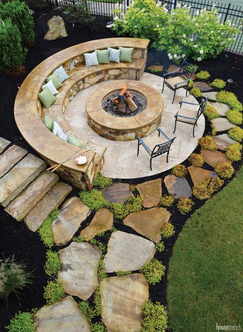 Outdoor Fire Pit Seating, Sloped Backyard Landscaping, Outdoor Fire Pit Designs, Fire Pit Landscaping, Sloped Backyard, Hillside Landscaping, Sloped Garden, Garden Fire Pit, Stone Garden