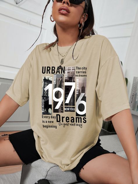 Building & Slogan Print Drop Shoulder Tee Printed Tee Women, Ny Outfits, Trending Graphic Tees, Drop Shoulder Tee, Shirt Design Inspiration, Trendy Tee, Women T Shirts, Trendy Tshirts, Fashion Tees