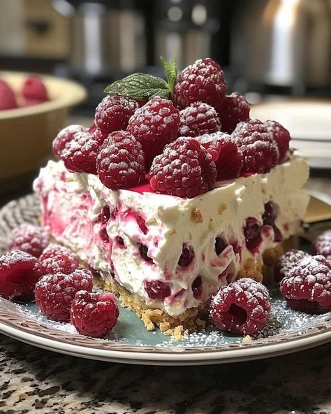 Paula Deen Family Kitchen | No Bake Creamy Raspberry Cheesecake | Facebook Creamy Raspberry Dessert, Raspberry Cream Cheese Dessert, Berry Deserts, No Bake Raspberry Cheesecake, Raspberry No Bake Cheesecake, Pantry Meals, Raspberry Desserts, Paula Deen Recipes, Dessert Recipies