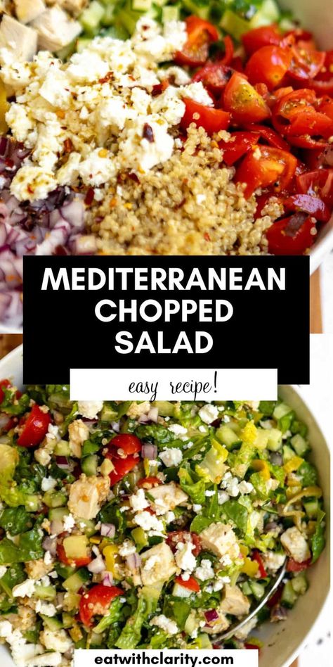 This mediterranean chopped salad is easy to make, high protein, packed with veggies and a simple lemon dijon vinaigrette. Simple Salad Recipes For Lunch, Salad Recipes With Vinaigrette, Meal Prep Ideas Mediterranean, Healthy Meditteranean Recipes, Mediterranean Spinach Salad, Mediterranean Diet Ingredients, Easy Mediterranean Salad Recipes, Mediterranean Diet Recipes For Diabetics, Chopped Mediterranean Salad