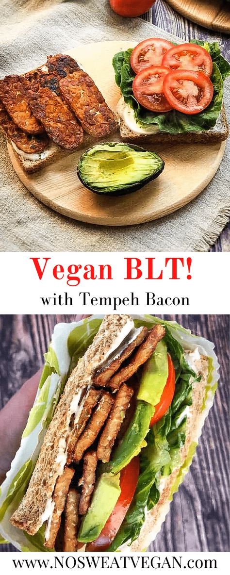 Nothing hits home when you're craving a sandwich quite like a Vegan BLT! Tempeh bacon, lettuce, tomato, and avocado piled high on whole-wheat toast slathered with vegan mayo or oil-free aioli. Sign me up! This healthy vegan sandwich makes the perfect lunch or light dinner. Healthy Blt, Vegan Blt, Vegan Blt Sandwich, Blt Recipes, Vegan Tempeh, Marinated Tempeh, Bacon Lettuce Tomato, Vegan Sandwich Recipes, Tempeh Bacon