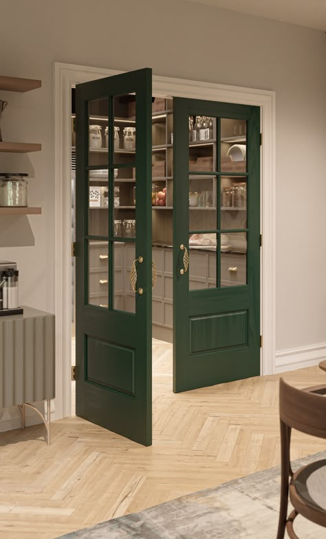 double glass door Classic Indoor Doors, Double Kitchen Doors, Interior Glass Panel Doors, Glass Outside Door, French Glass Door, Glass Kitchen Door Ideas, Green French Doors Interior, Green Internal Doors, Green Kitchen Door