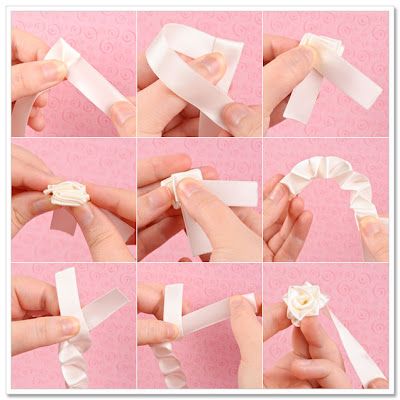 Ribbon Flowers Tutorial (Make flowers)  Fold both ends of the ribbon and pull the longer end. Sulaman Pita, Pola Macrame, Ribbon Flower Tutorial, Diy Flores, Fleurs Diy, Ribbon Rosettes, Rose Tutorial, Rose Headband, Ribbon Art